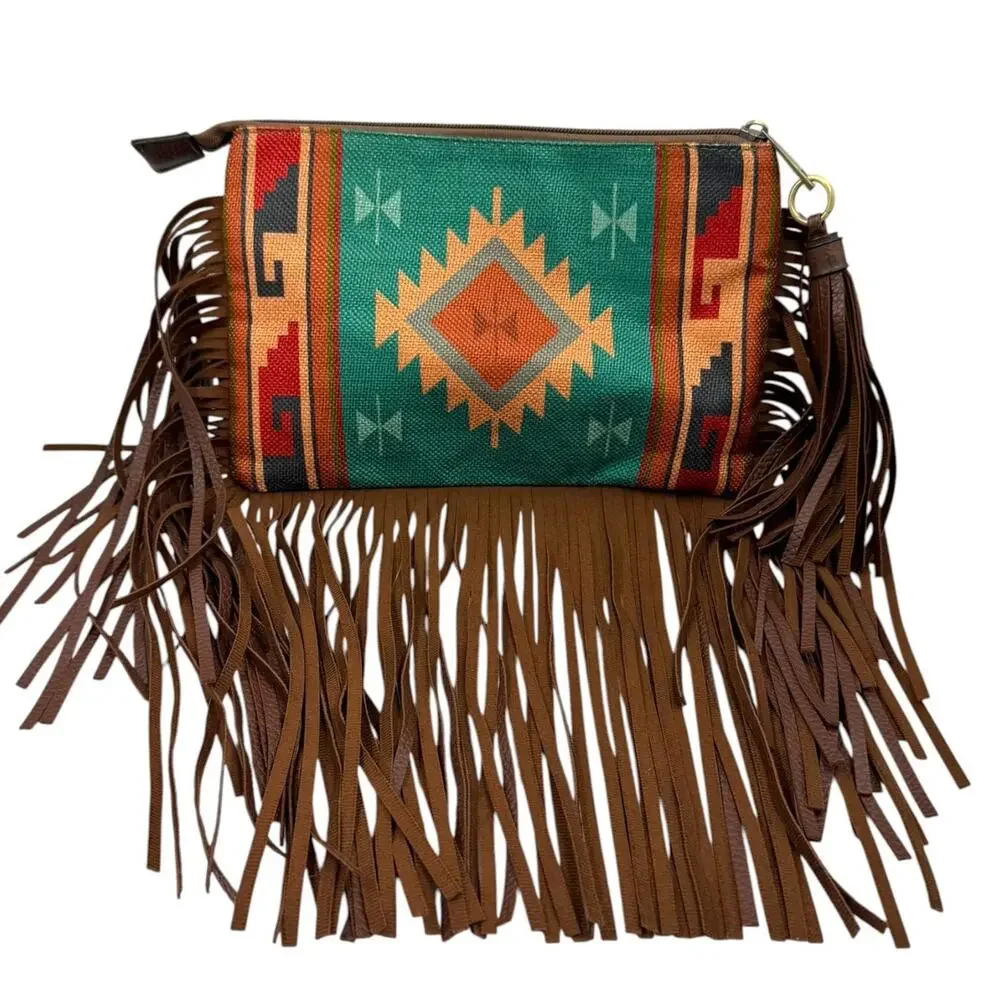 Aztec Geometric Woven Canvas Fringe Clutch Bag Southwest Festival Western Boho
